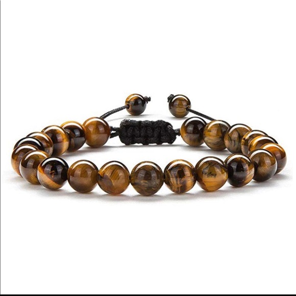 Mens Tiger Eye Gemstone Adjustable Beaded Bracelet - Picture 2 of 3